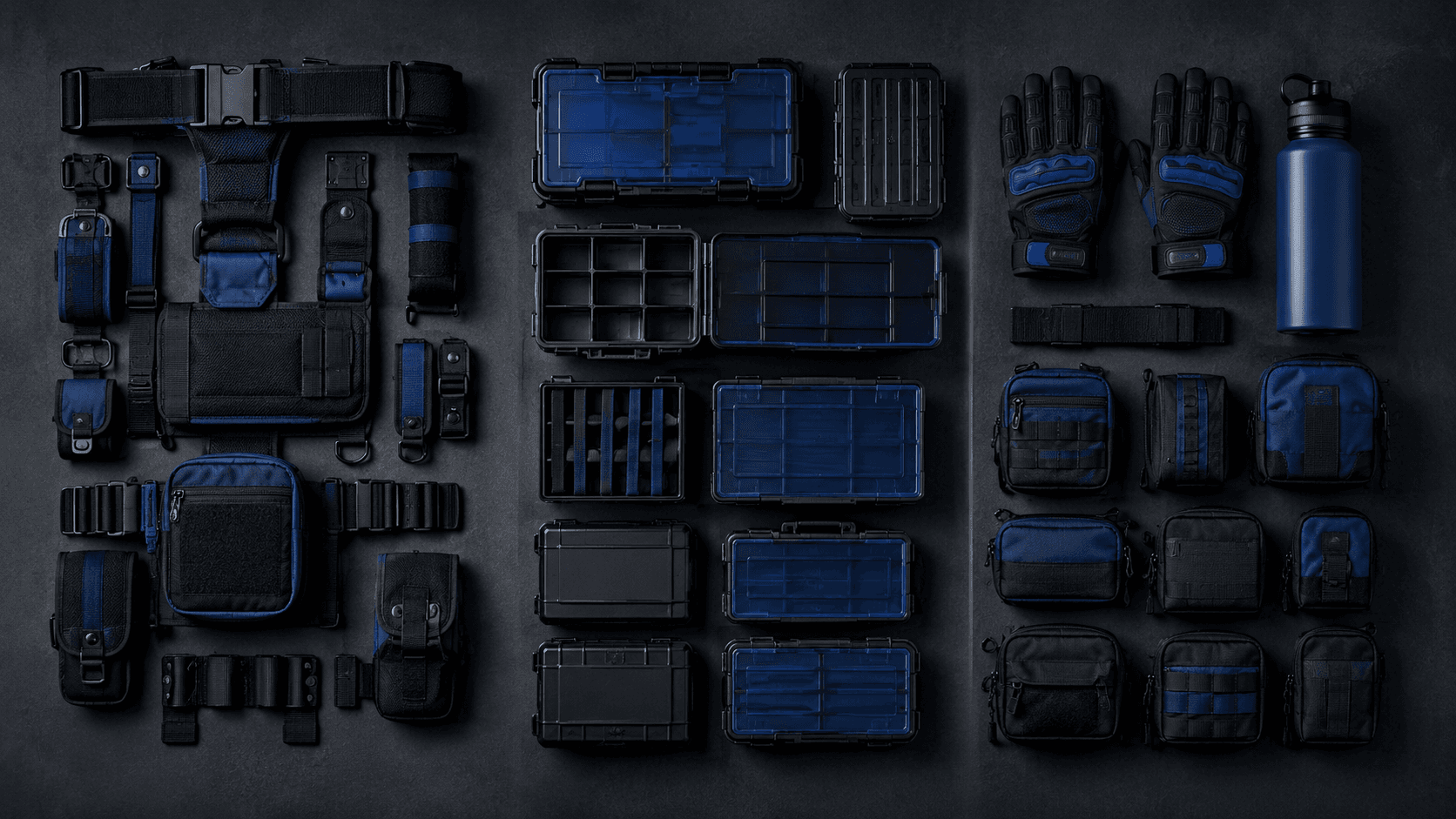 Modular kit components grouped into carry, storage and protection zones on a workbench