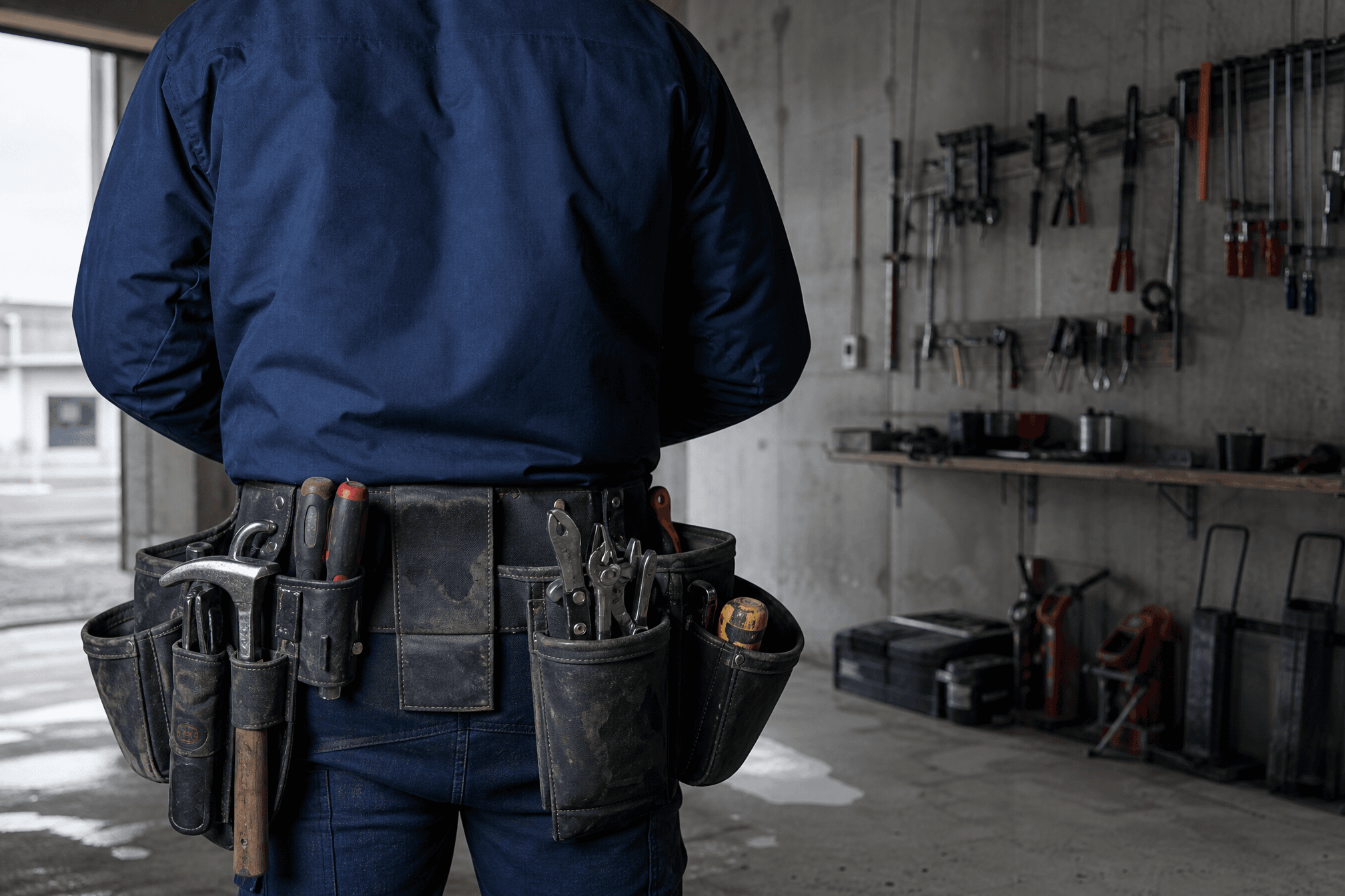 A tradesperson wearing a BluePro tool belt loaded with hand tools in a garage workshop